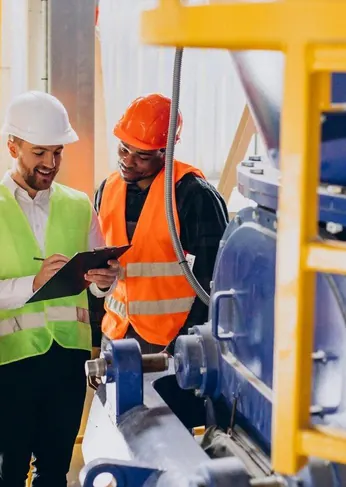 Three workers in safety gear reviewing a checklist in a plant