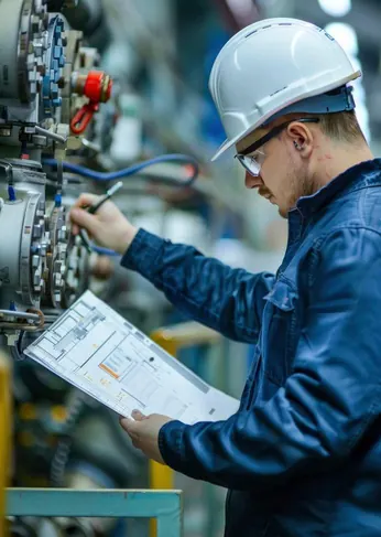 Worker in a hard hat checking equipment with a clipboard
