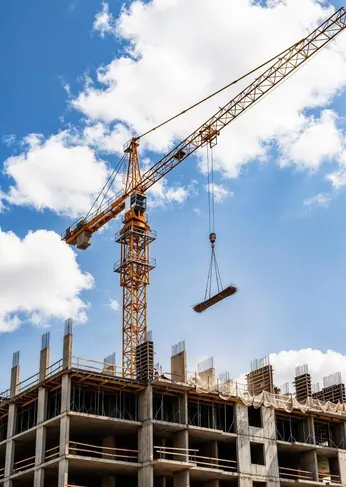 Tower crane lifting materials above a building under construction