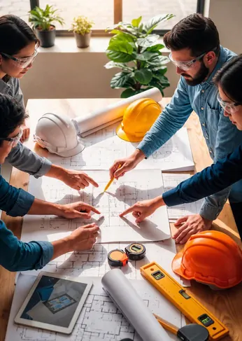 Team reviewing construction plans around a table with hard hats