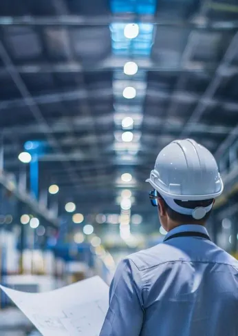 Worker in a white hard hat inspecting a warehouse
