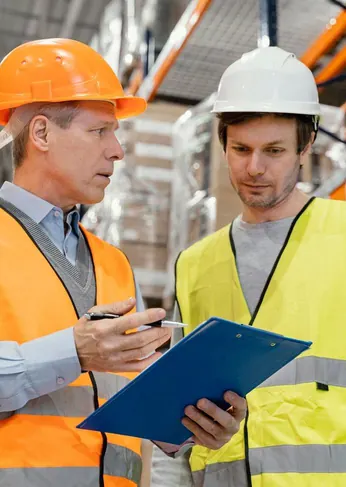 Two workers in hard hats and hi-vis vests reviewing a clipboard